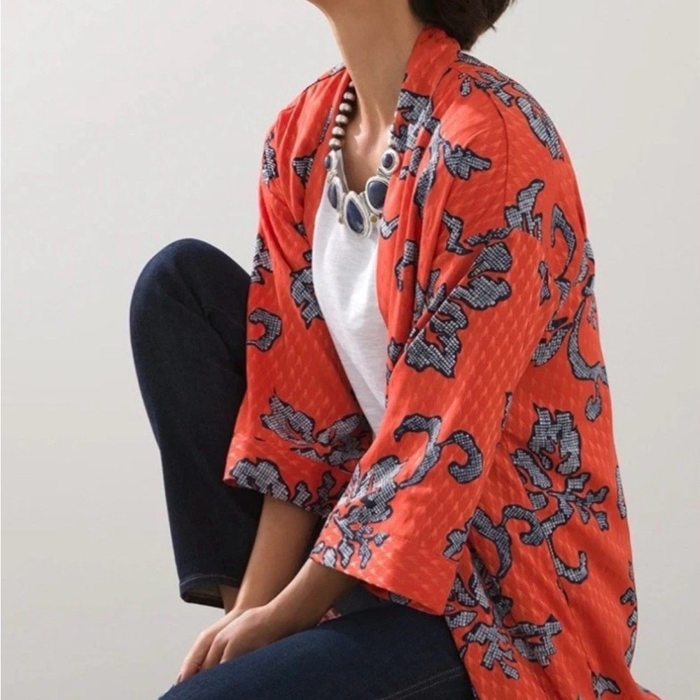 CHICO'S Orient Bliss Jacquard Kimono Jacket Orange Spice Sz 2 Women’s 12 - 14 - Picture 2 of 8